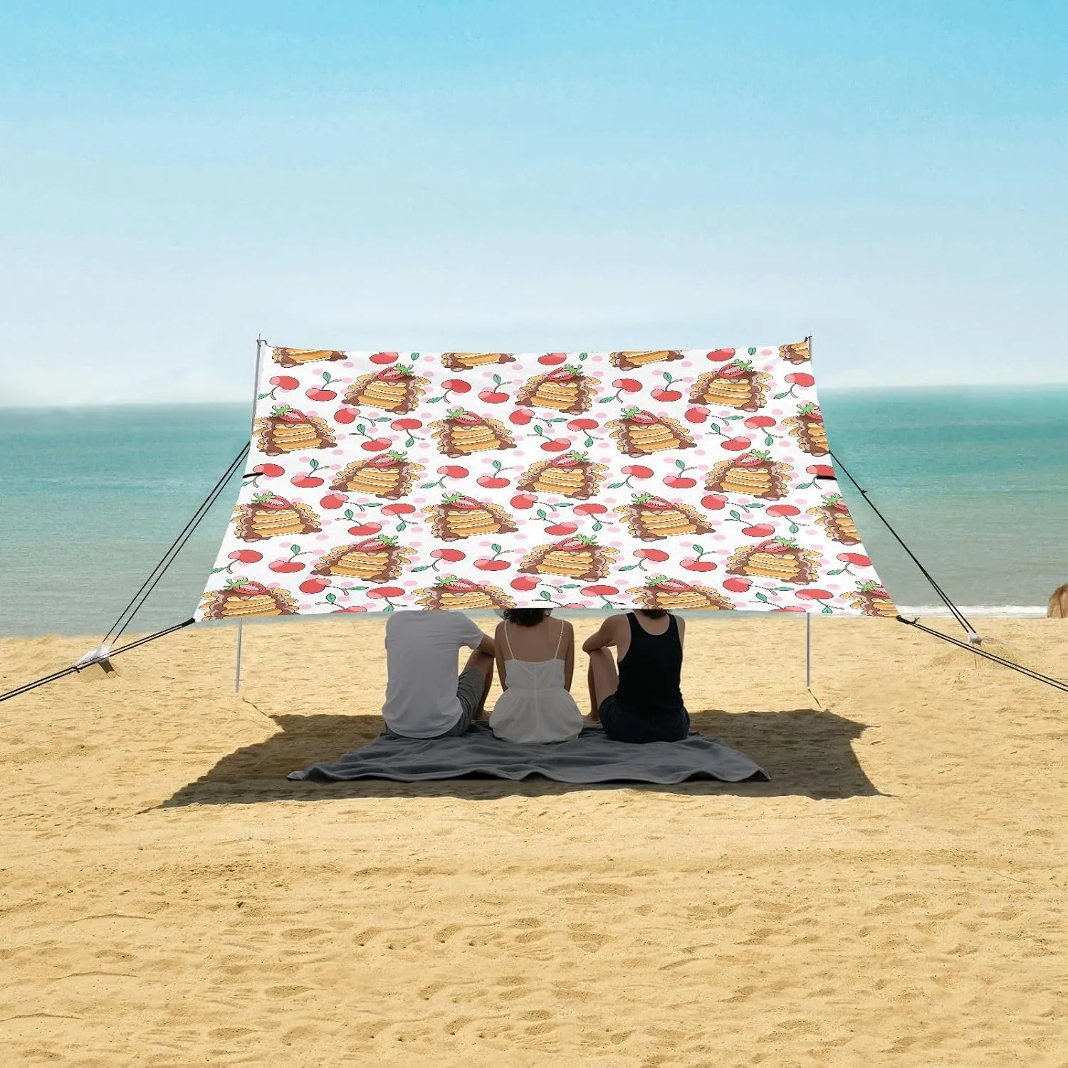 Pancakes Cherries Breakfast Beach Camping Tent Sun Shelter for Whole Family, Beach Shade Canopy with UPF50  UV Protection,Easy Set Up and Carry,Outdoor Shade for Trips, Fishing, Backyard Fun Pi