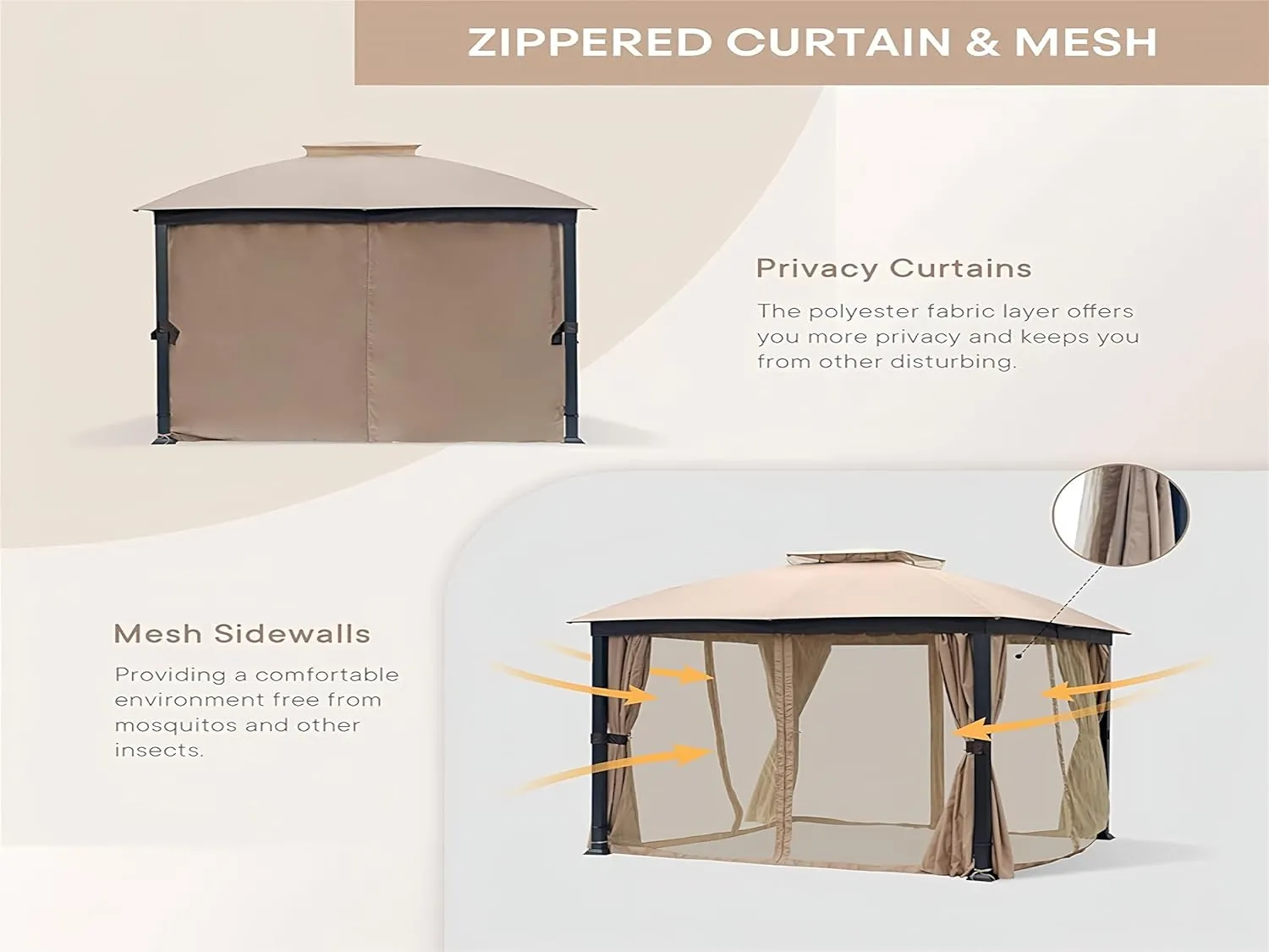 Patio Gazebo 10x10, Outdoor Gazebos, Heavy Duty Gazebo Soft Top Gazebos, Metal Frame Canopy with Double Roofs, Anti-UV Shelter with Privacy Curtains and Netting for Patio Deck Backyard Garden Lawns