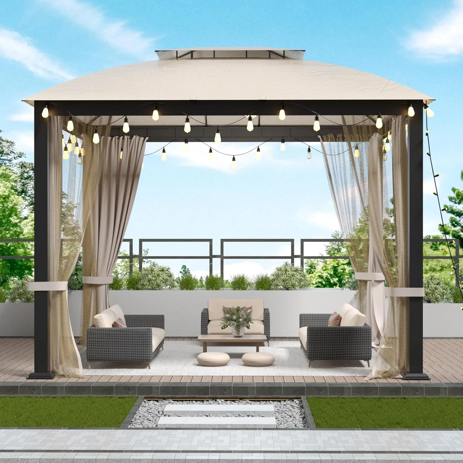Patio Gazebo 10x10, Outdoor Gazebos, Heavy Duty Gazebo Soft Top Gazebos, Metal Frame Canopy with Double Roofs, Anti-UV Shelter with Privacy Curtains and Netting for Patio Deck Backyard Garden Lawns