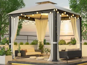 Patio Gazebo 10x10, Outdoor Gazebos, Heavy Duty Gazebo Soft Top Gazebos, Metal Frame Canopy with Double Roofs, Anti-UV Shelter with Privacy Curtains and Netting for Patio Deck Backyard Garden Lawns
