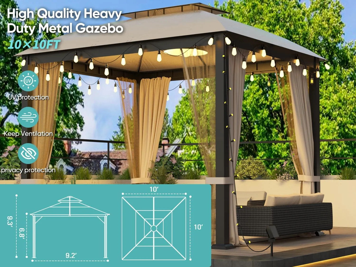 Patio Gazebo 10x10, Outdoor Gazebos, Heavy Duty Gazebo Soft Top Gazebos, Metal Frame Canopy with Double Roofs, Anti-UV Shelter with Privacy Curtains and Netting for Patio Deck Backyard Garden Lawns