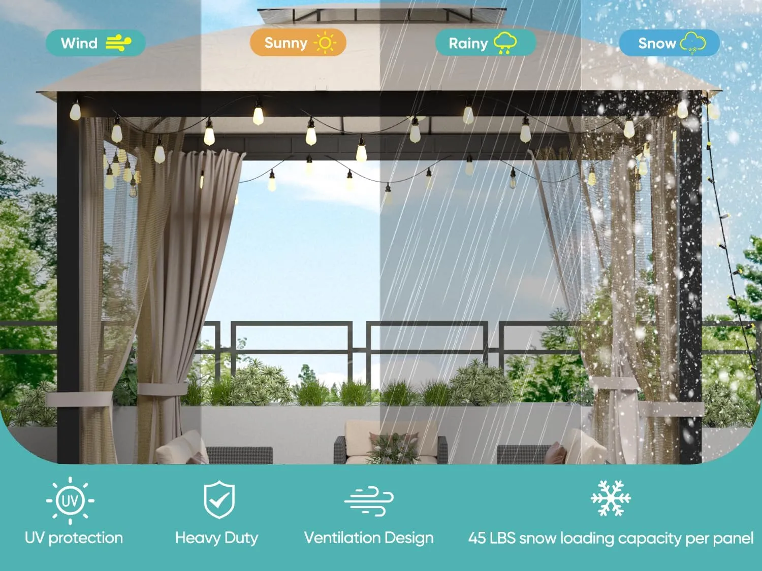 Patio Gazebo 10x10, Outdoor Gazebos, Heavy Duty Gazebo Soft Top Gazebos, Metal Frame Canopy with Double Roofs, Anti-UV Shelter with Privacy Curtains and Netting for Patio Deck Backyard Garden Lawns