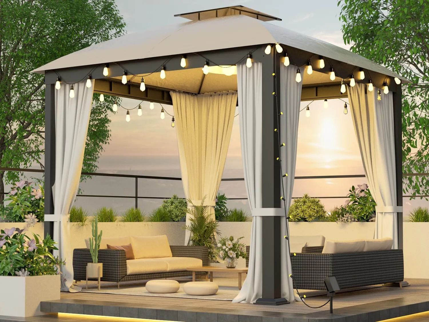 Patio Gazebo 10x10, Outdoor Gazebos, Heavy Duty Gazebo Soft Top Gazebos, Metal Frame Canopy with Double Roofs, Anti-UV Shelter with Privacy Curtains and Netting for Patio Deck Backyard Garden Lawns