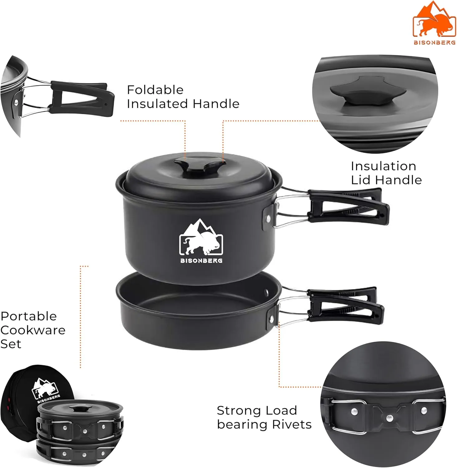 Pcs Camping Cookware Set, Mess Kit, Camping Accessories for Outdoor, Camping Utensils with Carry Bag, Camping Bowl Pot Pan Set - Nonstick Aluminum