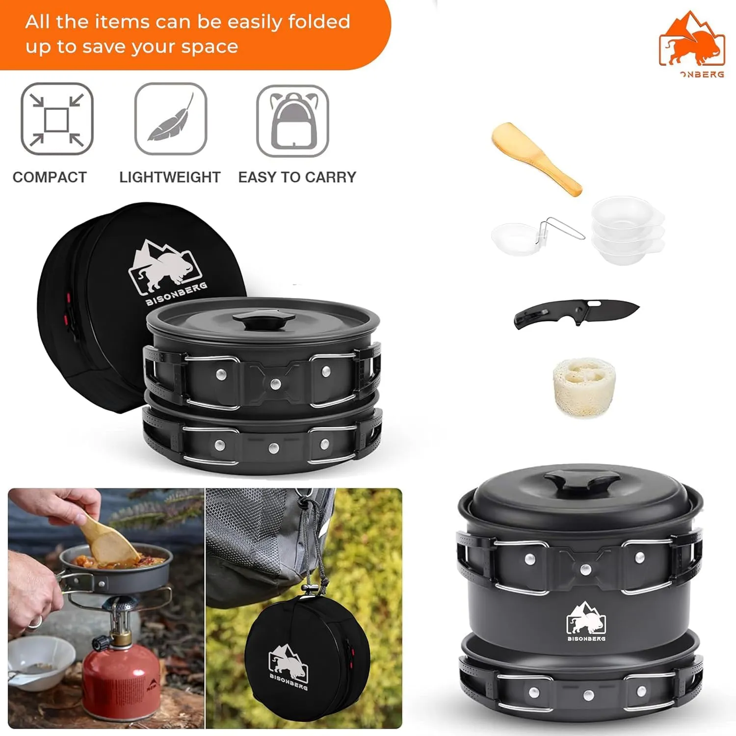 Pcs Camping Cookware Set, Mess Kit, Camping Accessories for Outdoor, Camping Utensils with Carry Bag, Camping Bowl Pot Pan Set - Nonstick Aluminum