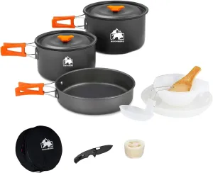 Pcs Camping Cookware Set, Mess Kit, Camping Accessories for Outdoor, Camping Utensils with Carry Bag, Camping Bowl Pot Pan Set - Nonstick Aluminum