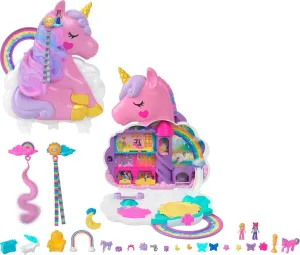 Polly Pocket 2-in-1 Travel Toy, Rainbow Unicorn Salon Styling Head with 2 Micro Dolls & 20  Accessories