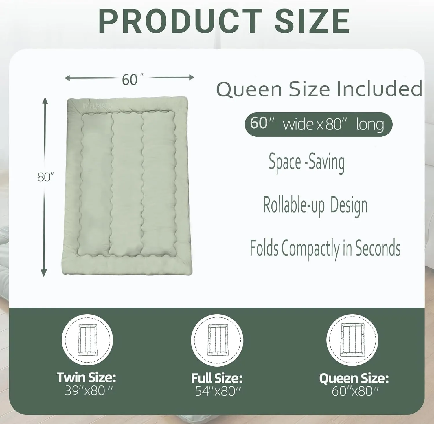 Polyester Fiber Foldable Roll Up 100 High Density Comfortable Foam Futon Mattress Japanese Tatami Floor Sleeping Pad Thicken Guests Bed Dormitory Adult Kids 80 x 60 x 3 Inches - Green
