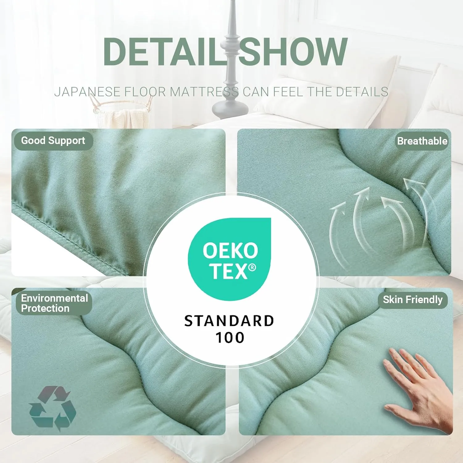 Polyester Fiber Foldable Roll Up 100 High Density Comfortable Foam Futon Mattress Japanese Tatami Floor Sleeping Pad Thicken Guests Bed Dormitory Adult Kids 80 x 60 x 3 Inches - Green