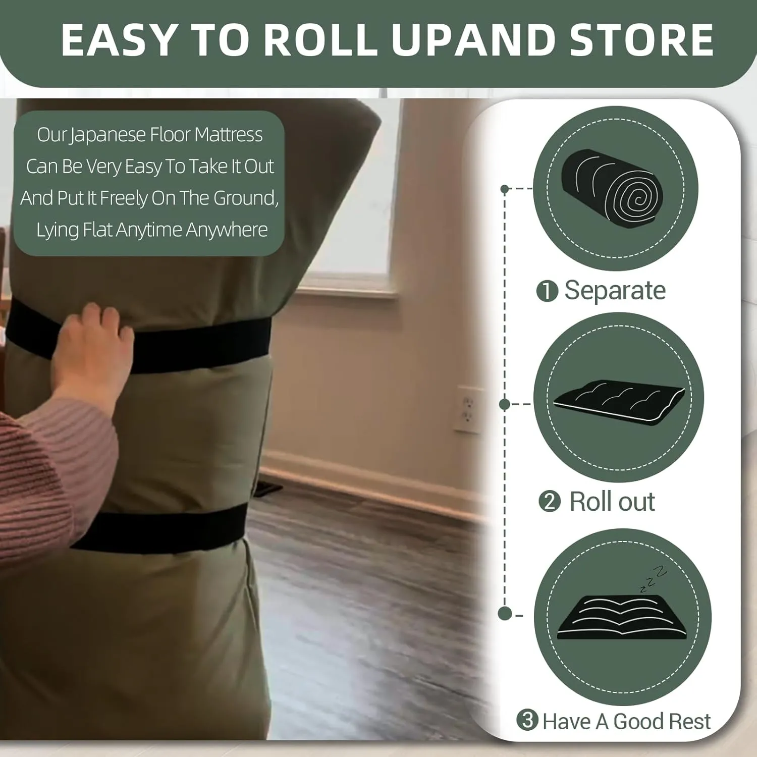 Polyester Fiber Foldable Roll Up 100 High Density Comfortable Foam Futon Mattress Japanese Tatami Floor Sleeping Pad Thicken Guests Bed Dormitory Adult Kids 80 x 60 x 3 Inches - Green