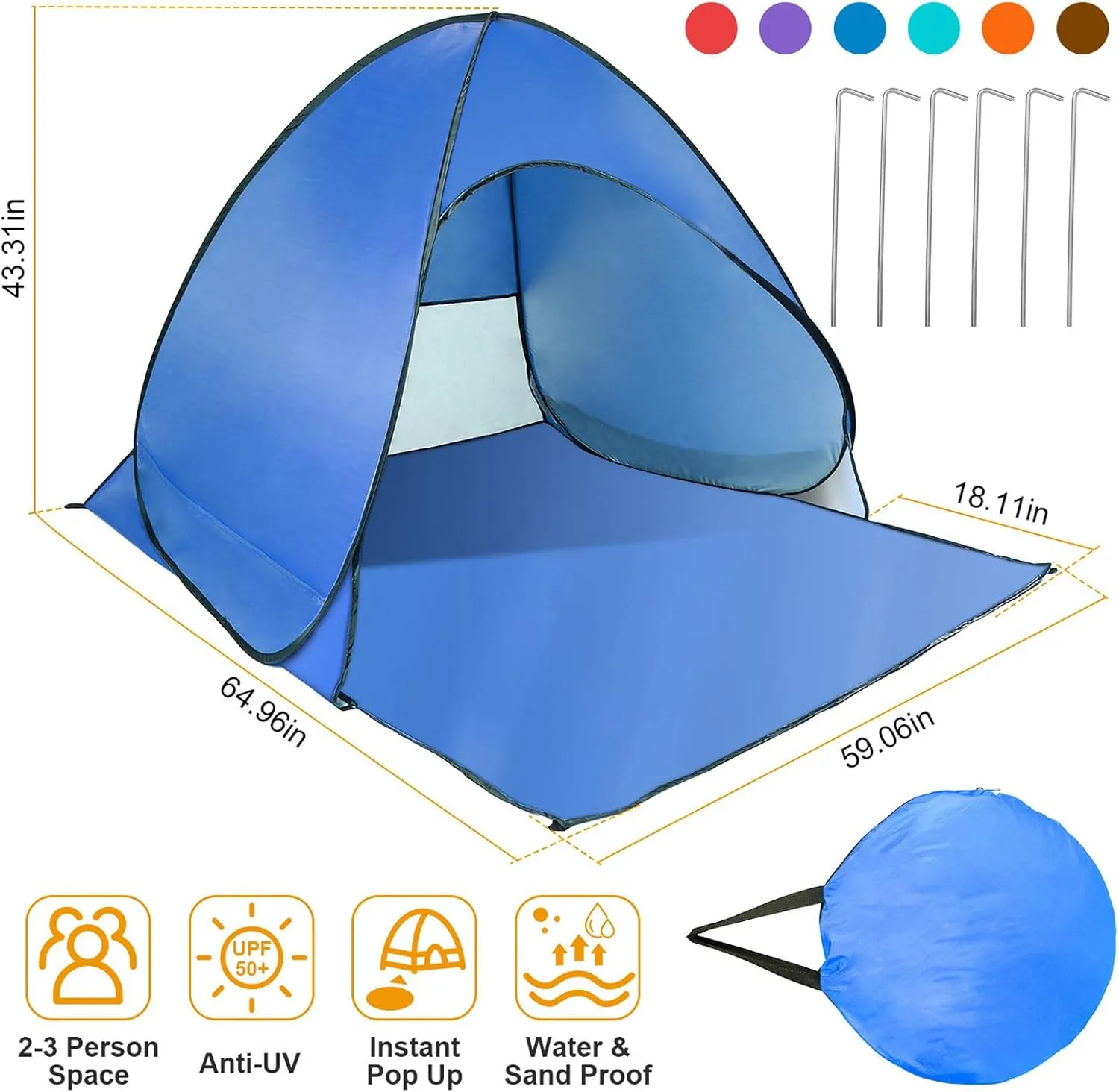 Pop Up Beach Tent, Anti UV Automatic Sun Shelter Umbrella, Portable Sun Shade Shelter for 2-3 People, Outdoor Instant Pop Up Beach Shade Tent with Carrying Bag, Blue