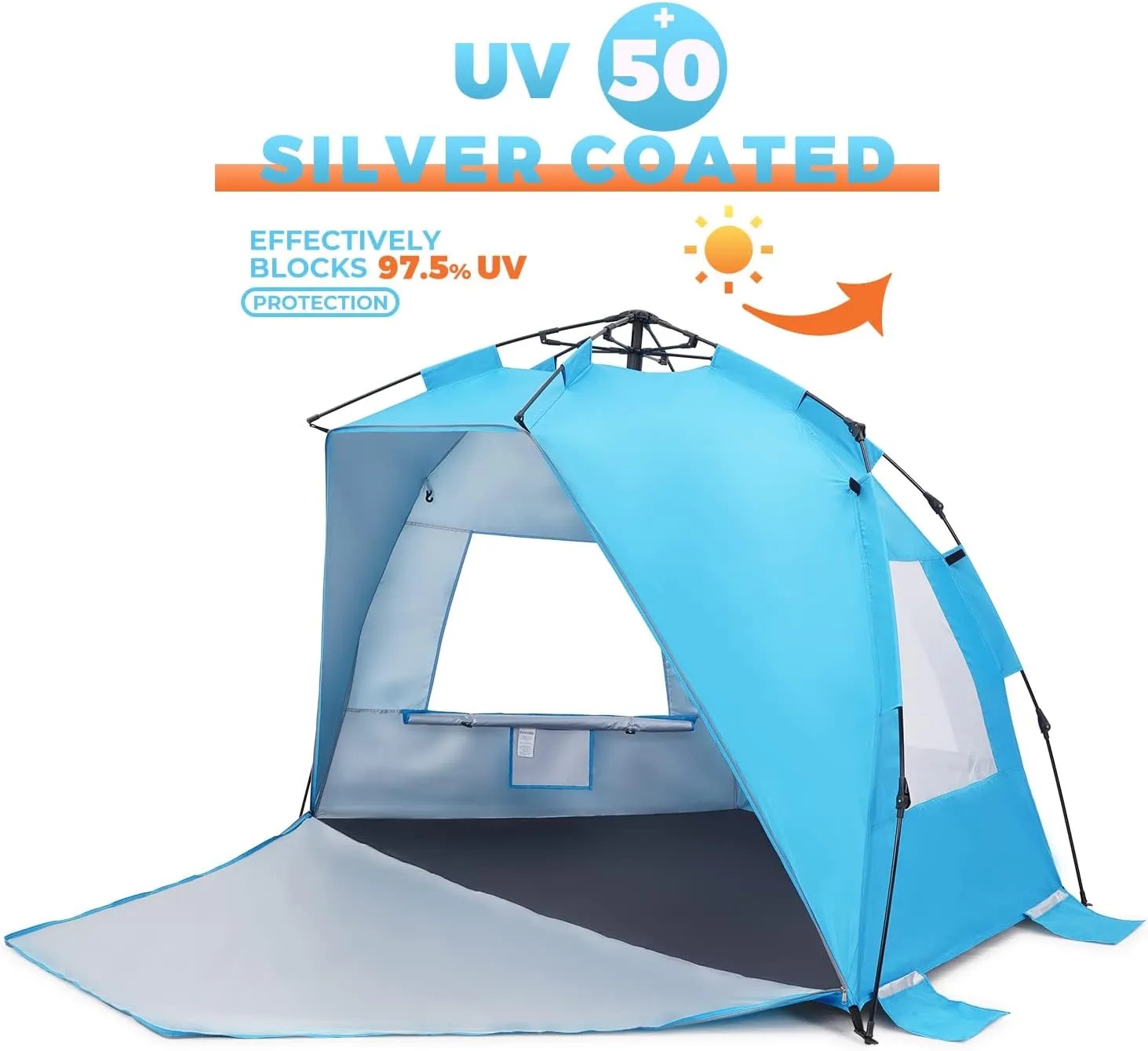 Pop Up Beach Tent, Portable Beach Shade Canopy Folding Sun Shade Shelter, UPF 50  Protection, Easy Setup and Carry, Double Silver Coating with 3 Ventilation window, Large Size Perfect for Family 4 People