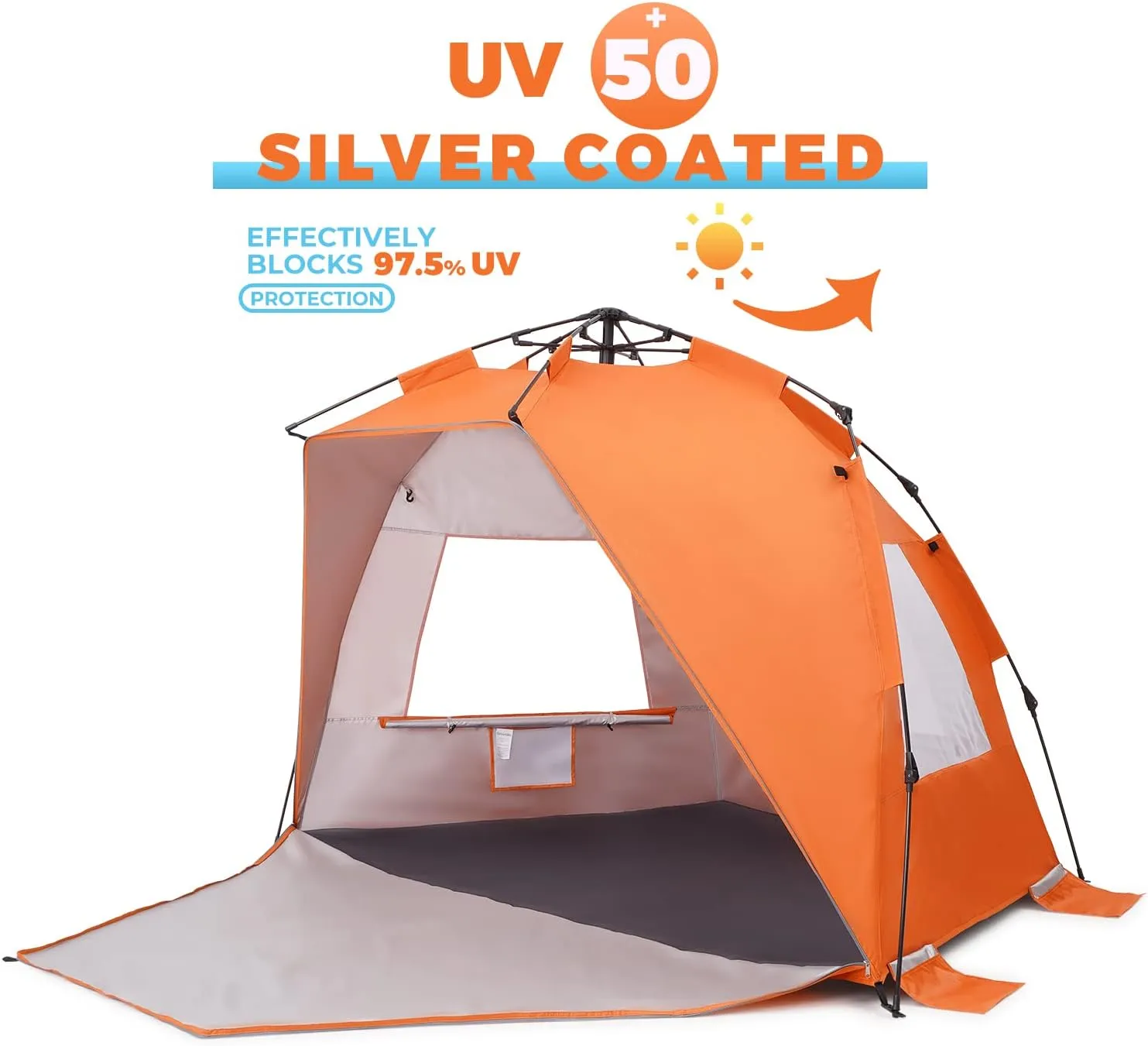 Pop Up Beach Tent, Portable Beach Shade Canopy Folding Sun Shade Shelter, UPF 50  Protection, Easy Setup and Carry, Double Silver Coating with 3 Ventilation window, Large Size Perfect for Family 4 People