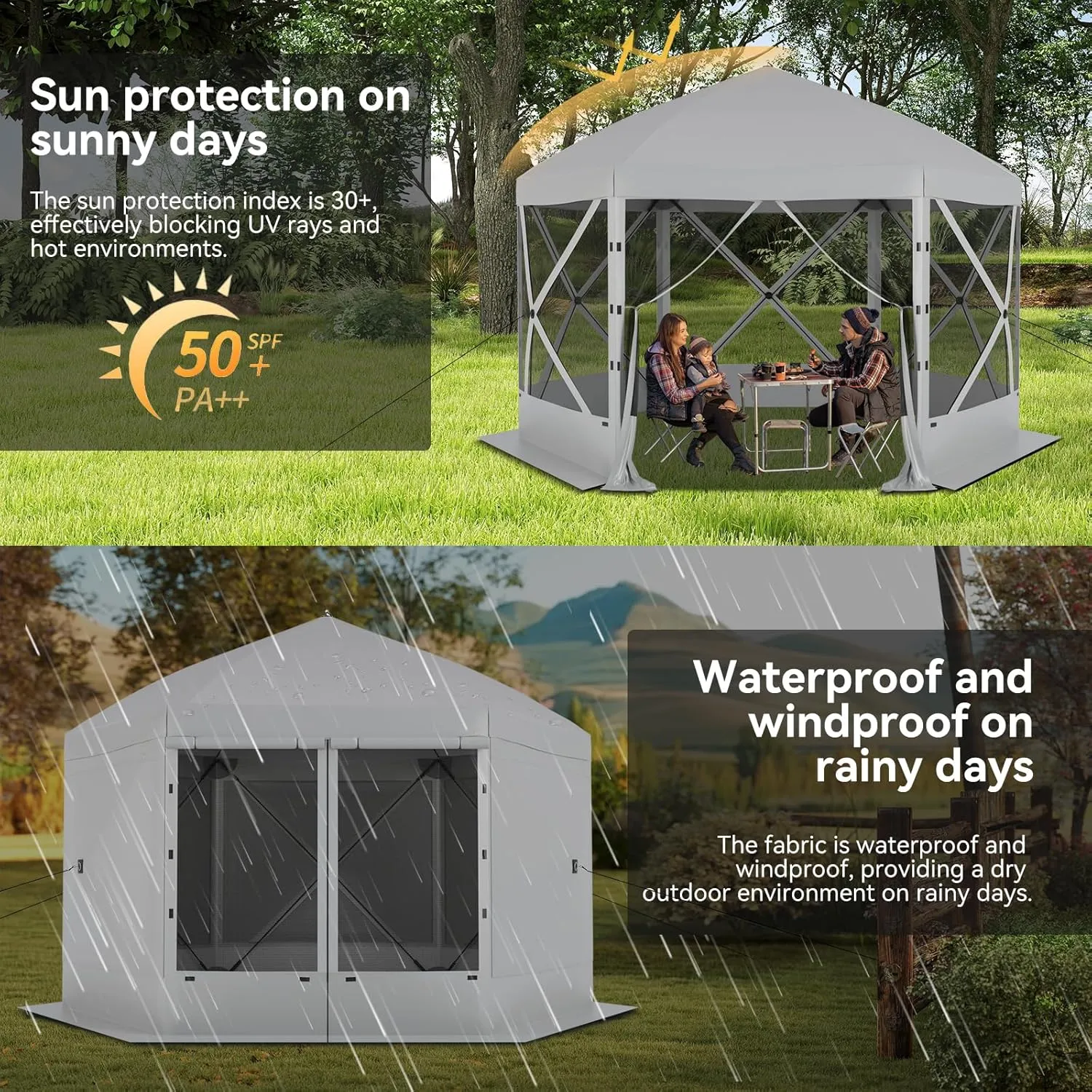 Pop Up Canopy Tent 8 Person Instant 12 x 12 ft Outdoor Mesh Screen Camping Gazebo Portable Shelter with Portable Carry Bag for Outdoor Camping, Beach, Picnic, Lawn and Backyard, Gray