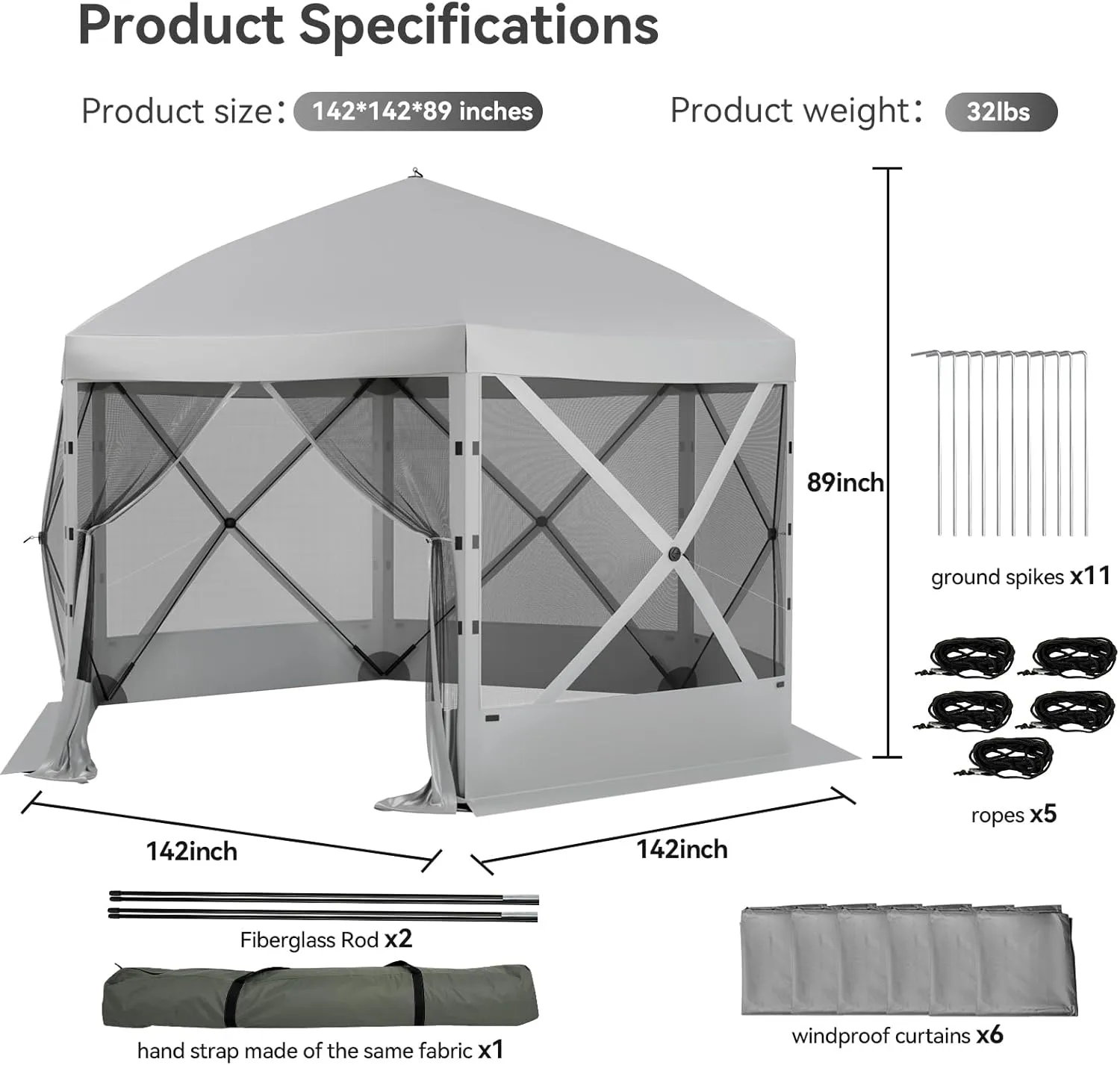 Pop Up Canopy Tent 8 Person Instant 12 x 12 ft Outdoor Mesh Screen Camping Gazebo Portable Shelter with Portable Carry Bag for Outdoor Camping, Beach, Picnic, Lawn and Backyard, Gray