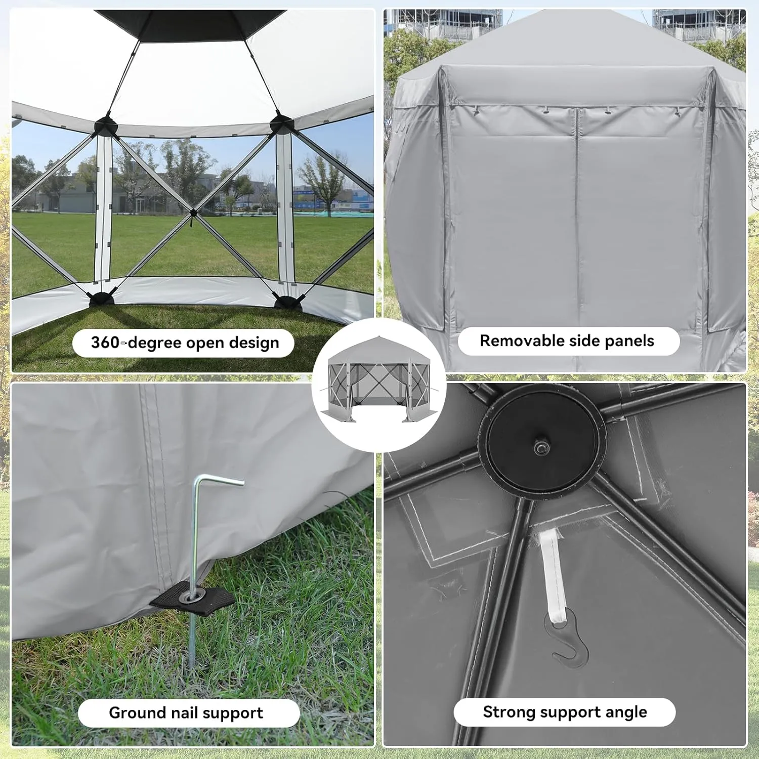 Pop Up Canopy Tent 8 Person Instant 12 x 12 ft Outdoor Mesh Screen Camping Gazebo Portable Shelter with Portable Carry Bag for Outdoor Camping, Beach, Picnic, Lawn and Backyard, Gray