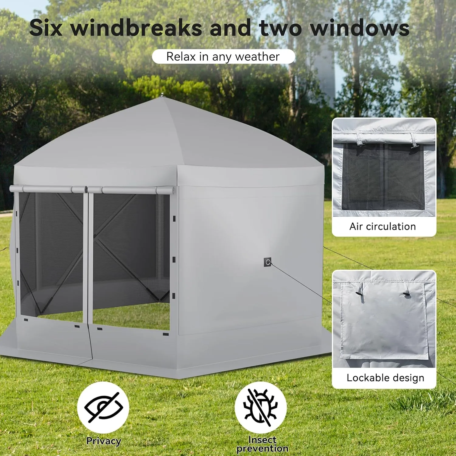 Pop Up Canopy Tent 8 Person Instant 12 x 12 ft Outdoor Mesh Screen Camping Gazebo Portable Shelter with Portable Carry Bag for Outdoor Camping, Beach, Picnic, Lawn and Backyard, Gray