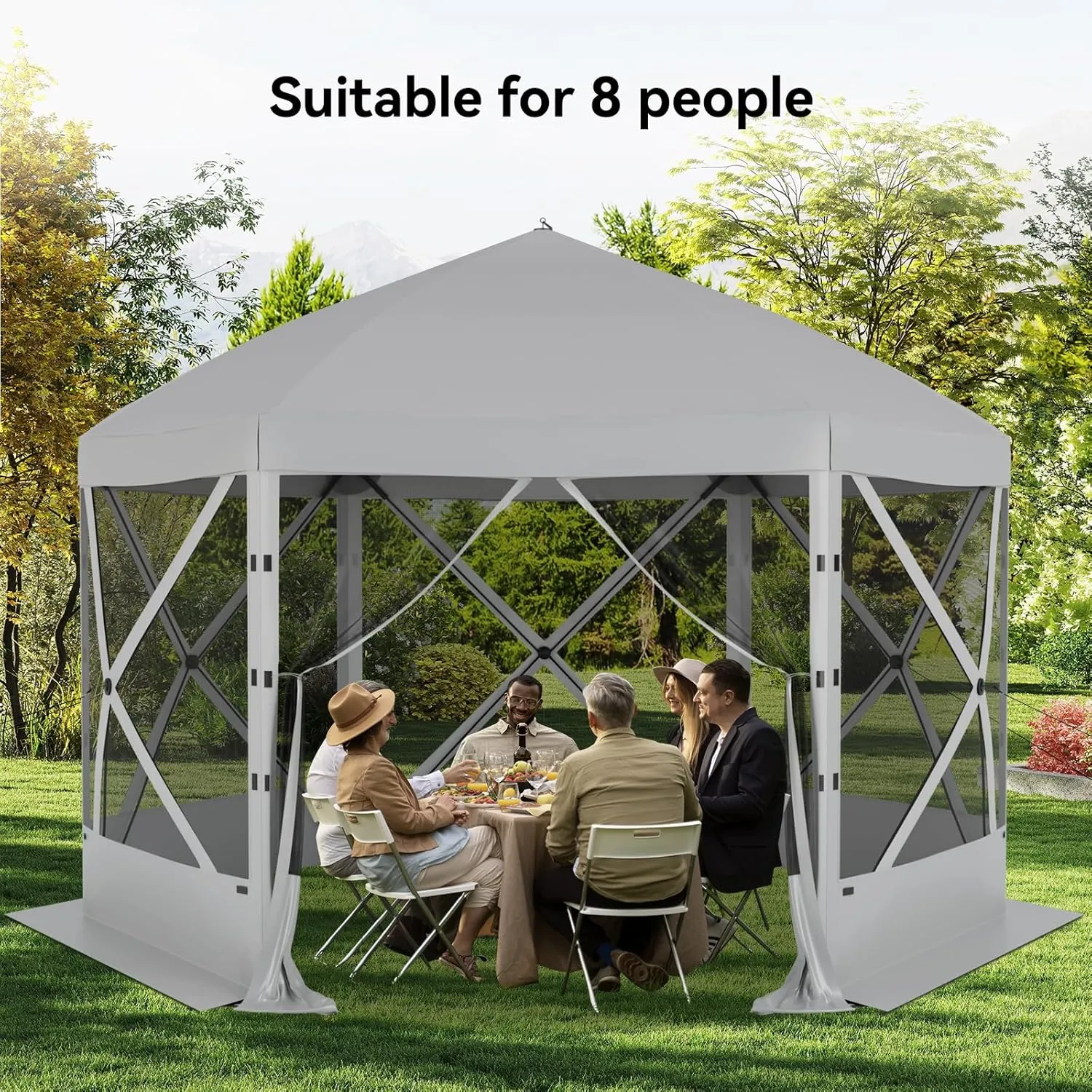 Pop Up Canopy Tent 8 Person Instant 12 x 12 ft Outdoor Mesh Screen Camping Gazebo Portable Shelter with Portable Carry Bag for Outdoor Camping, Beach, Picnic, Lawn and Backyard, Gray