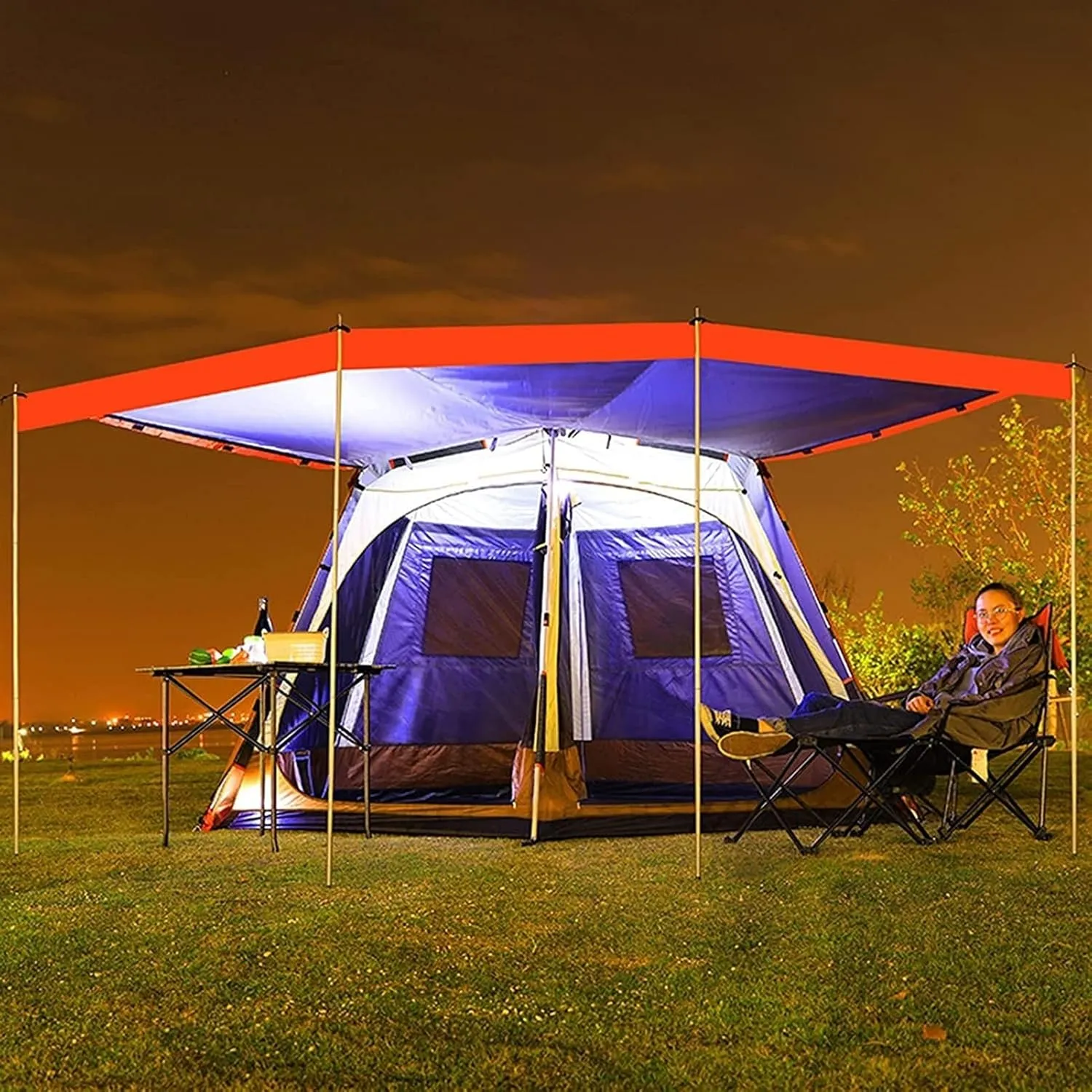 Pop Up Family Camping Tent,3-4 Person Beach Tent Sun Shelter for Family with Sun Protection,Large Windows Vestibule Windproof Beach Instant Tent for Kids, Backyard,Indoor and Outdoor (Orange Small)