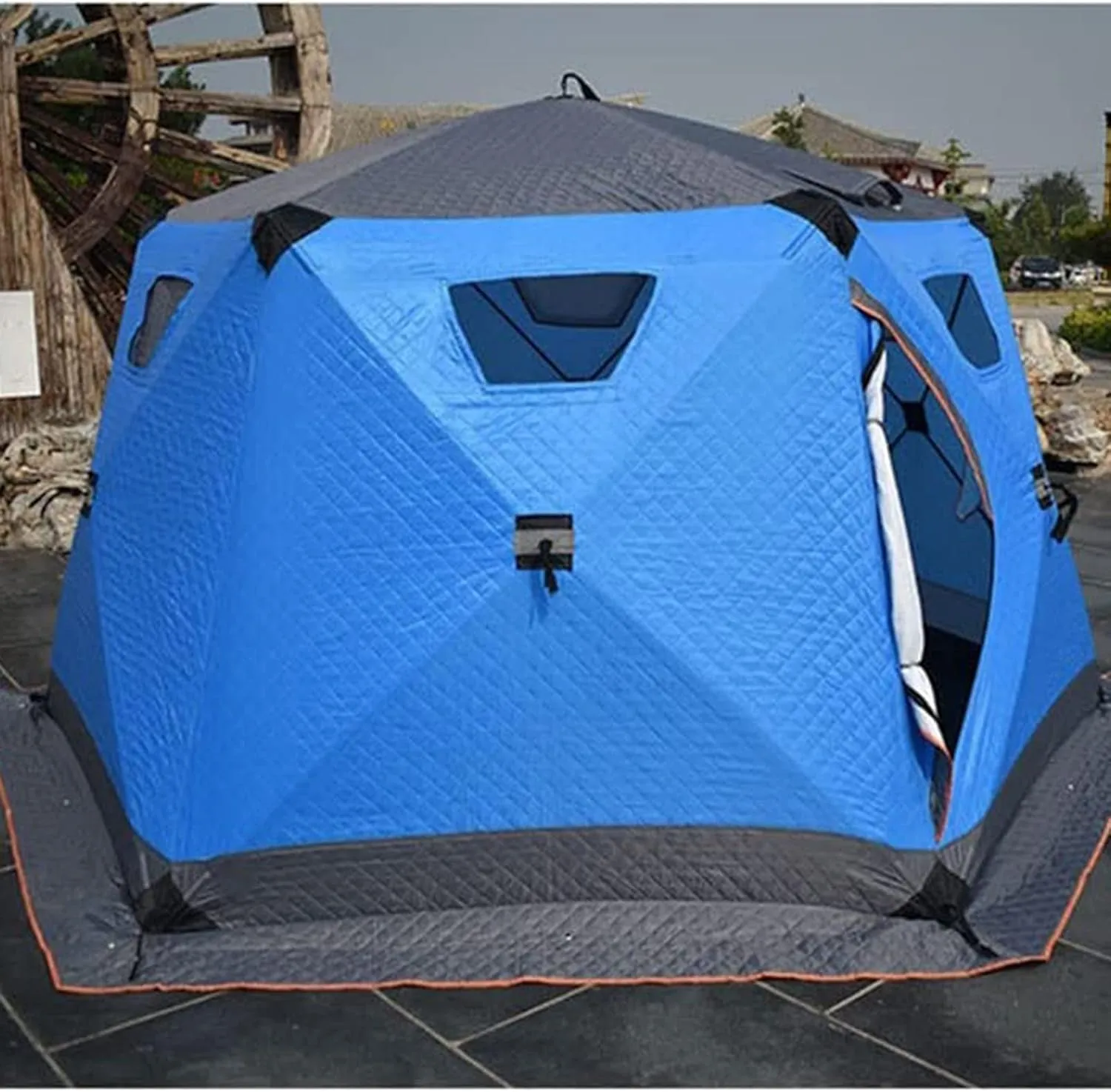 Pop-Up Insulated Ice Fishing Shelter Tent Portable Angler Ice Thermal Hub Shelter Fishing Tent with Carrying Bag, Ice Anchors, Tie-Down Ropes (Blue 180 * 350 * 190CM)