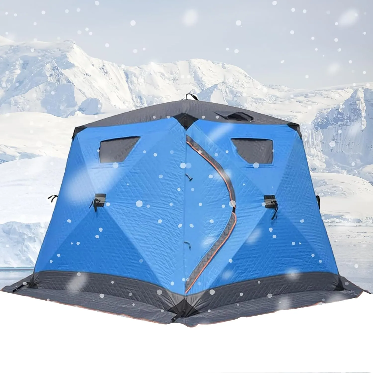 Pop-Up Insulated Ice Fishing Shelter Tent Portable Angler Ice Thermal Hub Shelter Fishing Tent with Carrying Bag, Ice Anchors, Tie-Down Ropes (Blue 180 * 350 * 190CM)