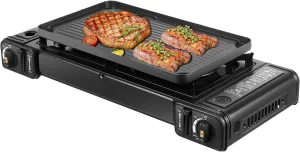 Portable 2-Burner Butane Camping Stove with Grill Tray & Safety Valve | Lightweight (9.9lbs) | 3924 BTU Dual Burners, Auto-Ignition & Energy-Saving Design for Outdoor BBQ, Hiking, Picnics