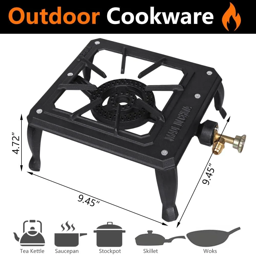 Portable Camp Stove Single,Portable Gas Stove, Cast Iron Propane Liquefied Petroleum Gas Stove 15000BTU Outdoor Stove For Barbecue, Tailgating, And Hiking Camping Cookware