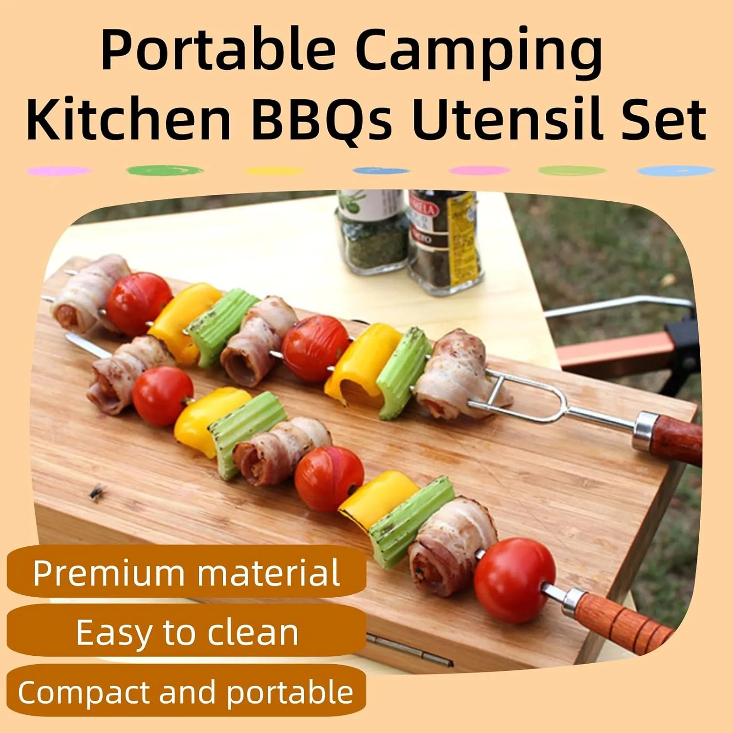Portable Camping Kitchen Utensil Set, 10pcs Wooden Cookware Kit, Stainless Steel Stainless Steel Outdoor Cooking and Grilling Utensil Organizer Set for Travel, Picnics, BBQs (Black,10pcs)