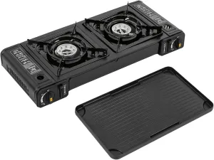 Portable Camping Stove, 2-Burner Butane Camping Stove, Dual Fuel Stove with Adjustable Burners, Grill Tray, Carrying Case for Camping, Tailgating, BBQ