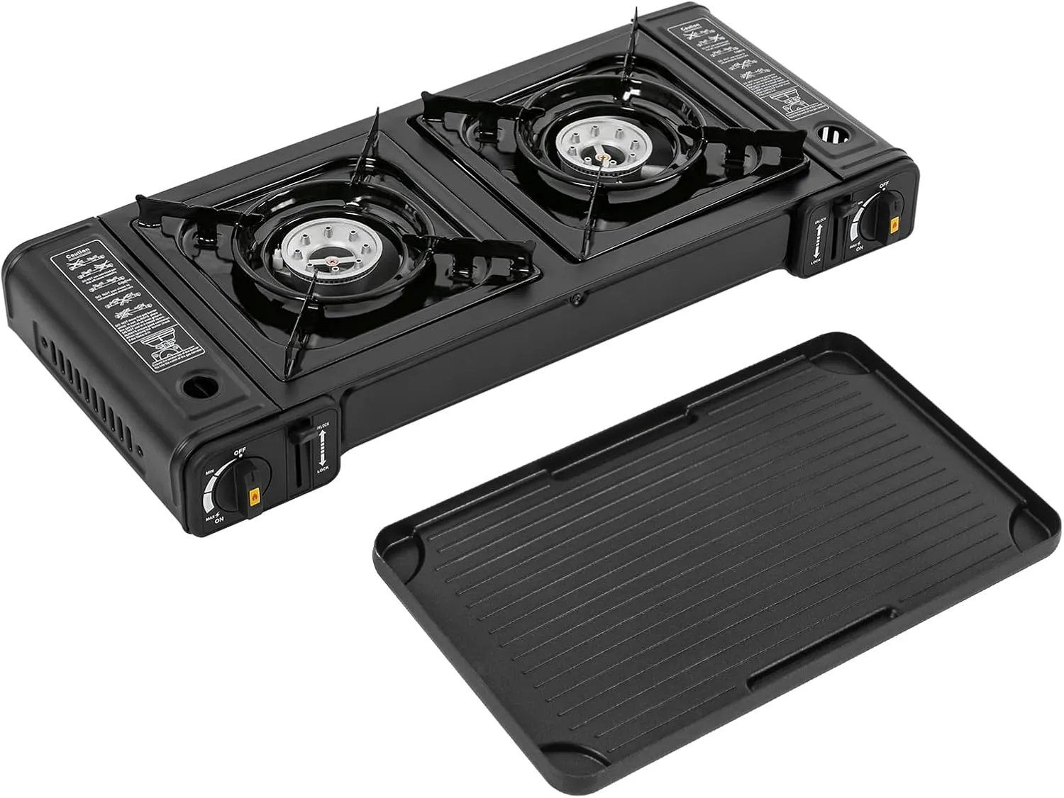 Portable Camping Stove, 2-Burner Butane Camping Stove, Dual Fuel Stove with Adjustable Burners, Grill Tray, Carrying Case for Camping, Tailgating, BBQ