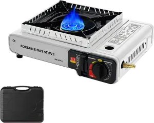 Portable Camping Stove Propane or Butane Stove Dual Fuel Stove, 10,000 BTU Output, Includes Windblocker, Carrying Case, Gas Stove Burner for Emergency, Tailgating, Hiking, Backpacking, White