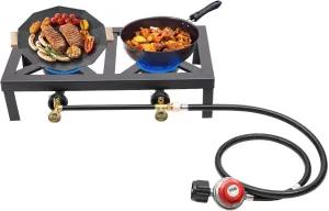 Portable Double Burner Outdoor Gas Stove Propane Cooktop with 0-10PSI Regulator Hose for Patio Camping BBQ Cookout, large, Black
