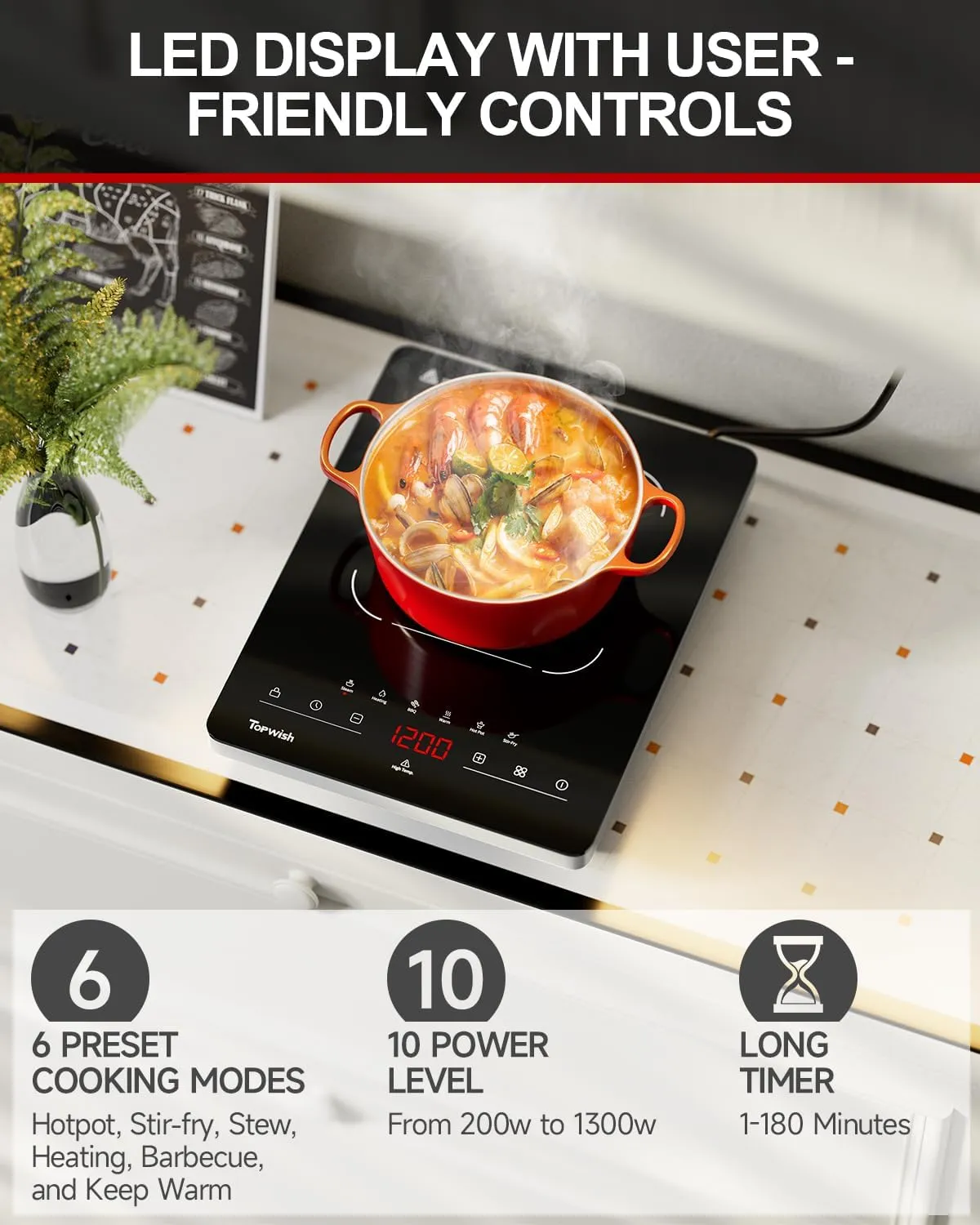 Portable Electric Stove,110V Single Burner Electric Cooktop, Countertop Burner Hot Plate with 6 Preset Functions,10 Power Levels,LED Touch Control, Child Lock &Timer