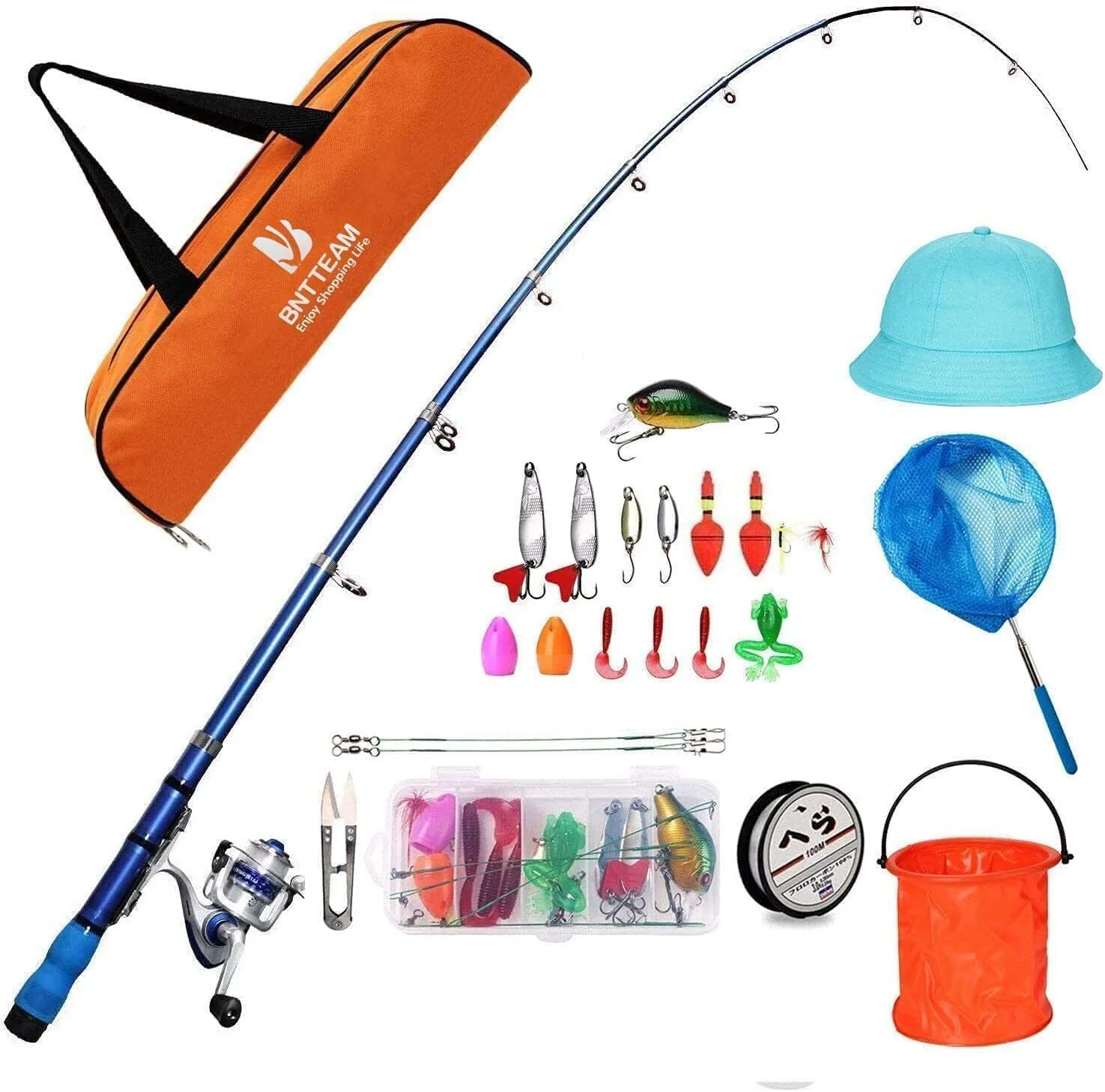 Portable Fishing Spinning Rod and Reel Combo Set Carbon Fiber Fluorescent Rod Tip, with Fishing Lures Line Carrier Bag Kits for Travel Surf 99 (Orange-3, 1.2M/47in/3.9ft)