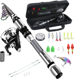 Portable Fishing Spinning Rod and Reel Combo Set Carbon Fiber Fluorescent Rod Tip, with Fishing Lures Line Carrier Bag Kits for Travel Surf Saltwater Freshwater (Sliver, 2.1M/82.6in/6.88ft)