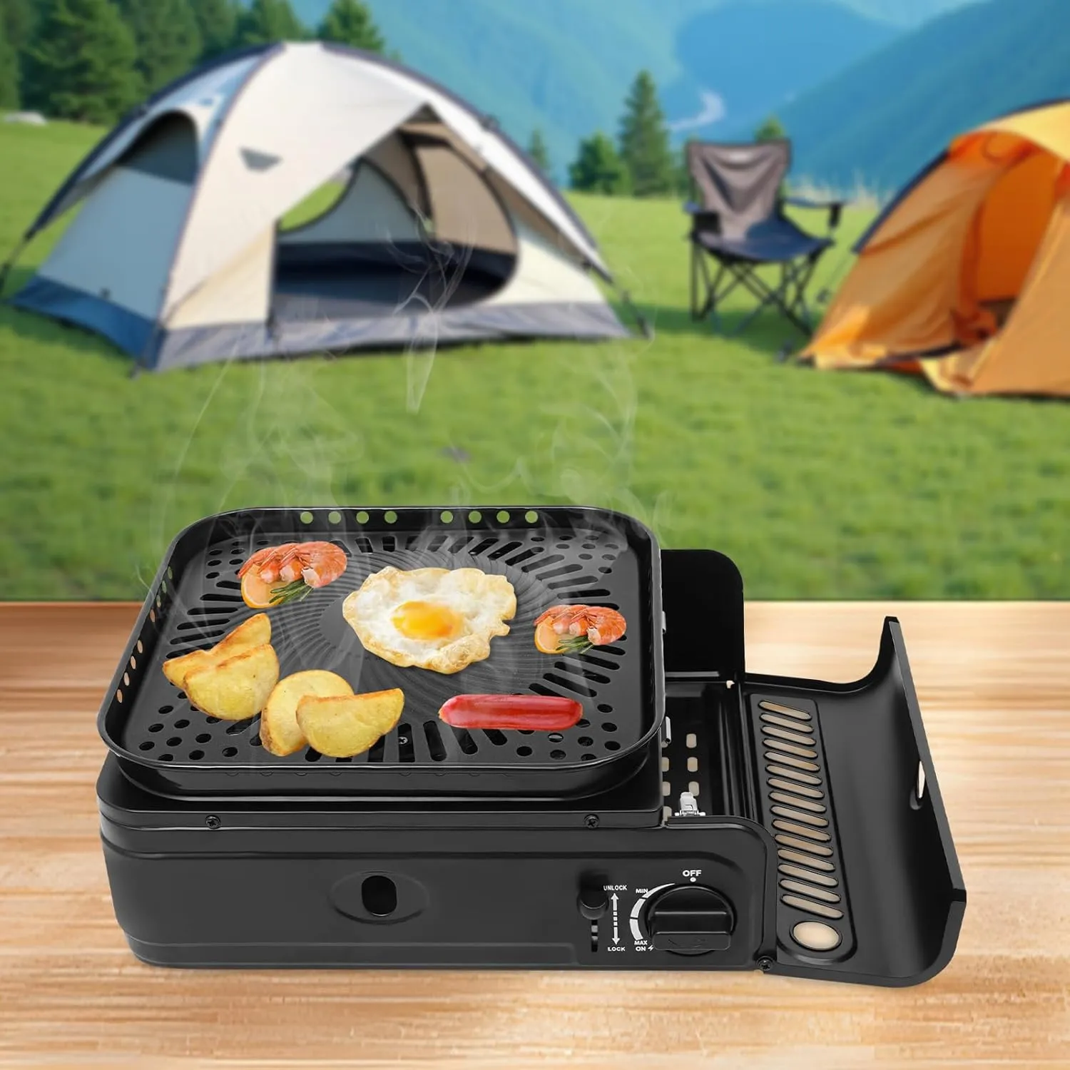 Portable Gas Grill Stove Tabletop Camping Grill Stove with Carrying Case 2.3KW Korean BBQ Grills Free Standing BBQ Stoves for Outdoor Cooking, Camping, Traveling (Black)