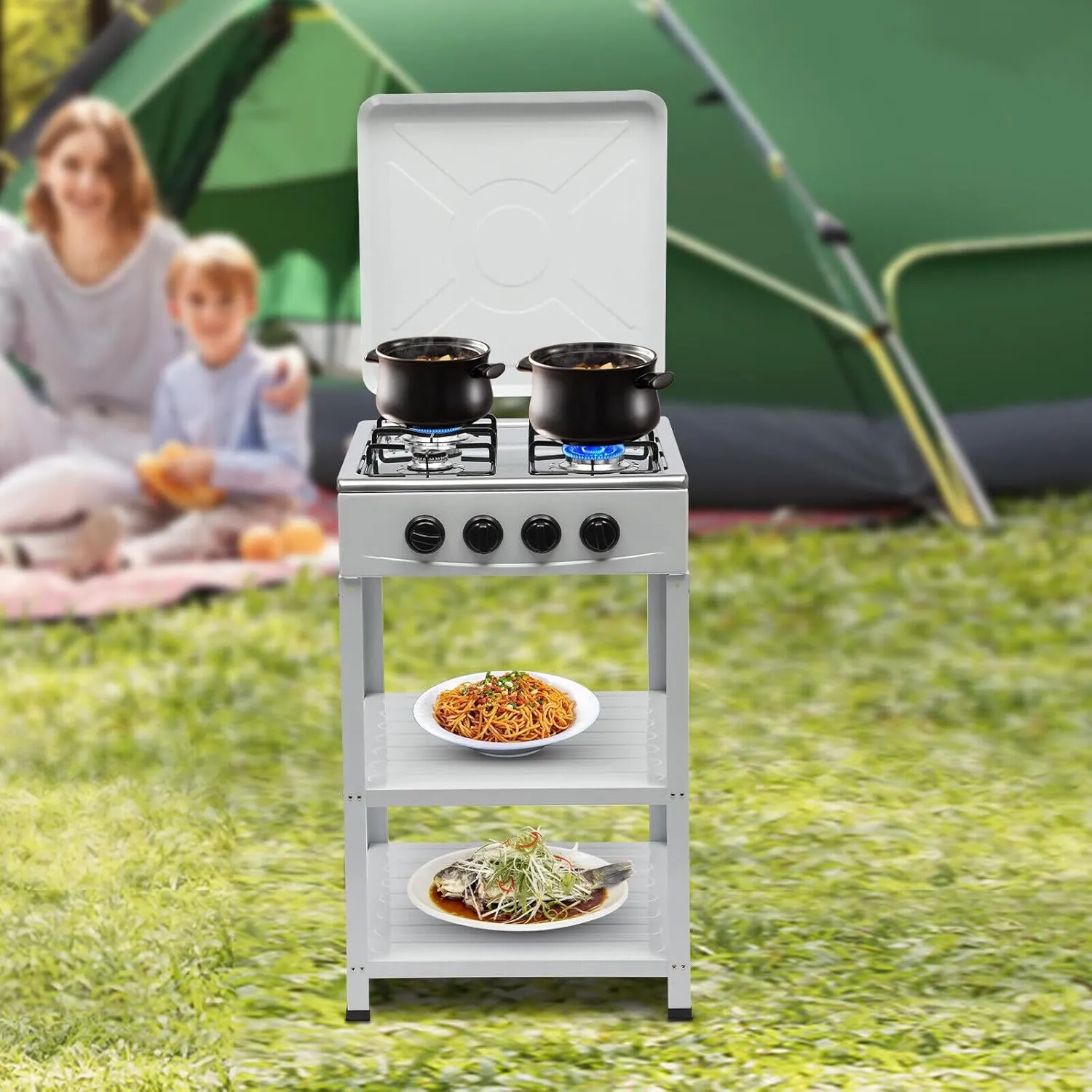 Portable Gas Stove 4 Burner Gas Stove with Removable Leg Stand Outdoor Iron Cast Patio Burner for Camping Cookout White