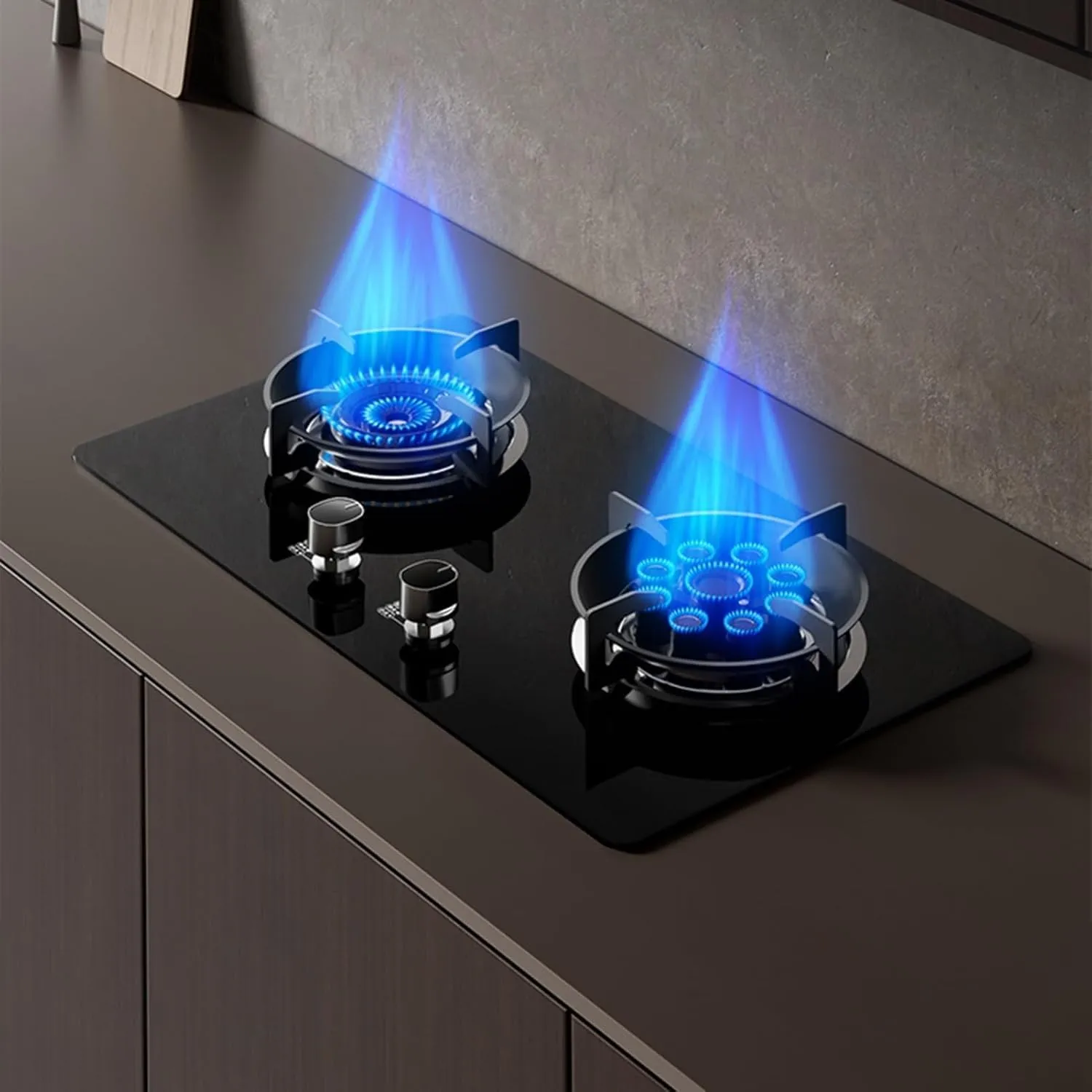 Portable Gas Stove Double Burner, 4.8/5.0KW 9 Cavity High Fire, Black Tempered Glass Cast Iron Pot Holder, For Home Kitchen With Flameout Protection(LPG)