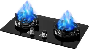 Portable Gas Stove Double Burner, 4.8/5.0KW 9 Cavity High Fire, Black Tempered Glass Cast Iron Pot Holder, For Home Kitchen With Flameout Protection(LPG)