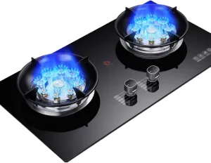 Portable Gas Stove With 2 Burners, 5.2KW 9 Cavity High Fire, Black Tempered Glass Cast Iron Pot Holder With Flameout Protection(LPG)