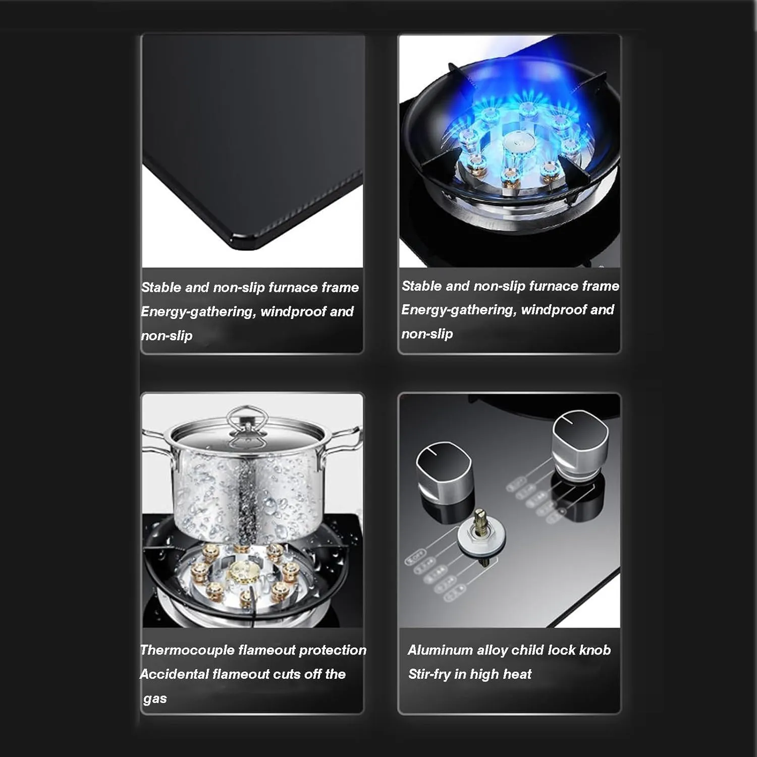Portable Gas Stove With 2 Burners, 5.2KW 9 Cavity High Fire, Black Tempered Glass Cast Iron Pot Holder With Flameout Protection(LPG)