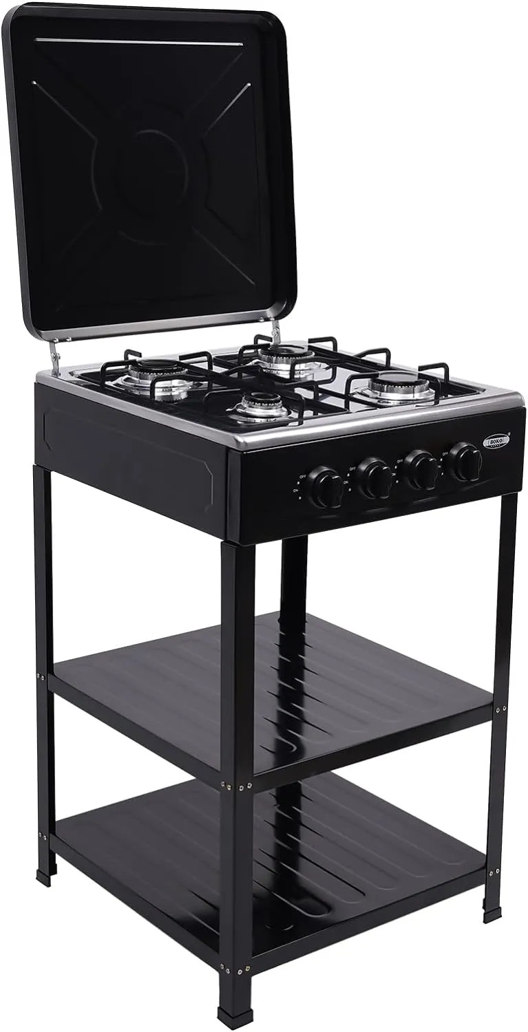 Portable Natural Gas Stove, 4-Burner Natural Gas Burner with Wind Blocking Cover & Storage Shelves Freestanding Camping Stoves Wide Application Gas Cooker for Outdoor Activities (Black)