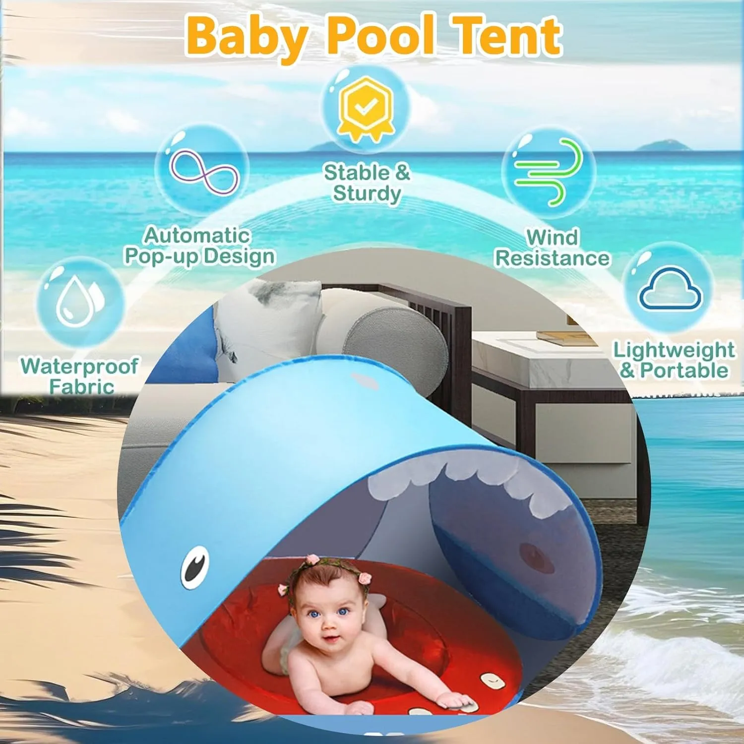Portable UV-Resistant Baby Beach Tent, Pop up Beach Tent Sun Shade for Beachs, UV Protection Dome for Babies Kids Infant Toddlers(Style-H,SET1)
