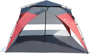 PORTAL POP Up Beach Tent, 2-4 Person UPF50  Beach Tent Sun Shelter, Open Front, Umbrella-Style Setup, Mesh Windows, Instant Sun Shelter with Carry Bag, Red/Grey