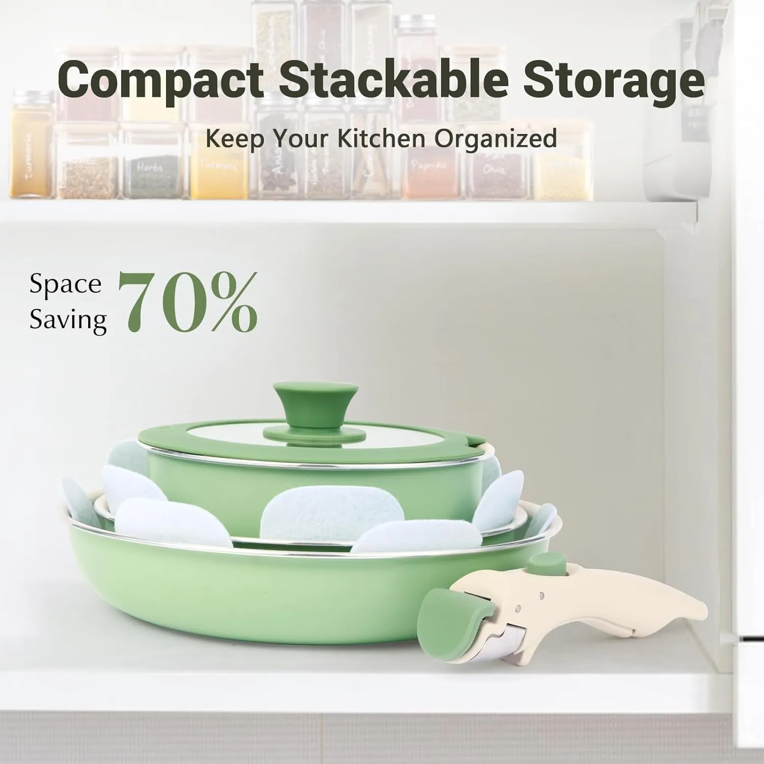 Pots and Pans Set Non Stick, 16pcs Induction Cookware with Detachable Handle, Space Saving Stackable Pot Set, Non Toxic Granite Kitchen Cooking Set, Oven Safe, Sage Green