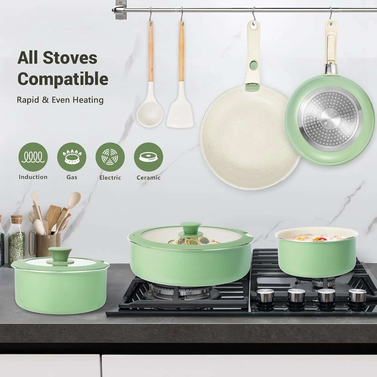 Pots and Pans Set Non Stick, 16pcs Induction Cookware with Detachable Handle, Space Saving Stackable Pot Set, Non Toxic Granite Kitchen Cooking Set, Oven Safe, Sage Green