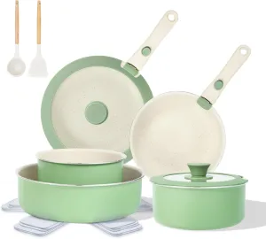 Pots and Pans Set Non Stick, 16pcs Induction Cookware with Detachable Handle, Space Saving Stackable Pot Set, Non Toxic Granite Kitchen Cooking Set, Oven Safe, Sage Green