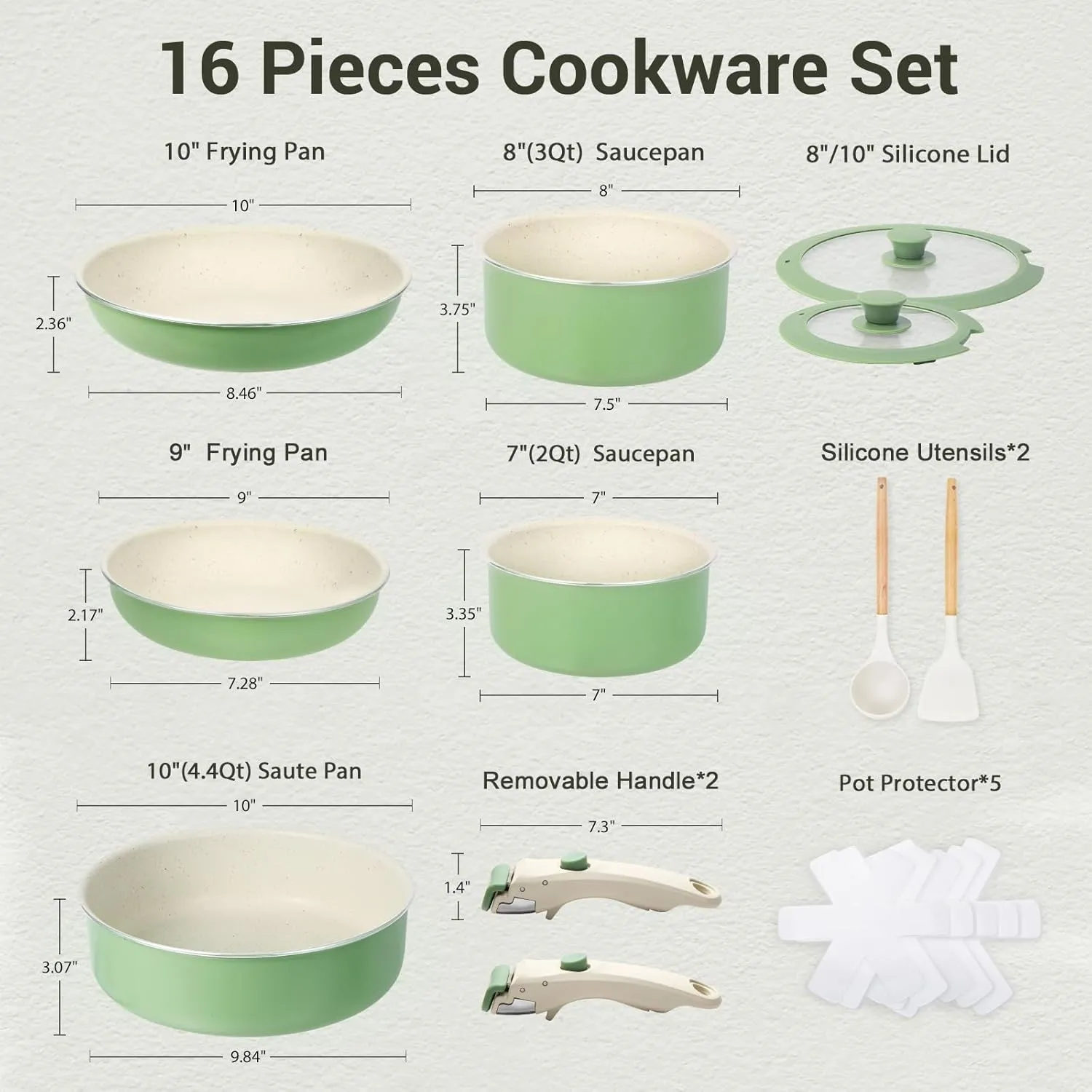 Pots and Pans Set Non Stick, 16pcs Induction Cookware with Detachable Handle, Space Saving Stackable Pot Set, Non Toxic Granite Kitchen Cooking Set, Oven Safe, Sage Green