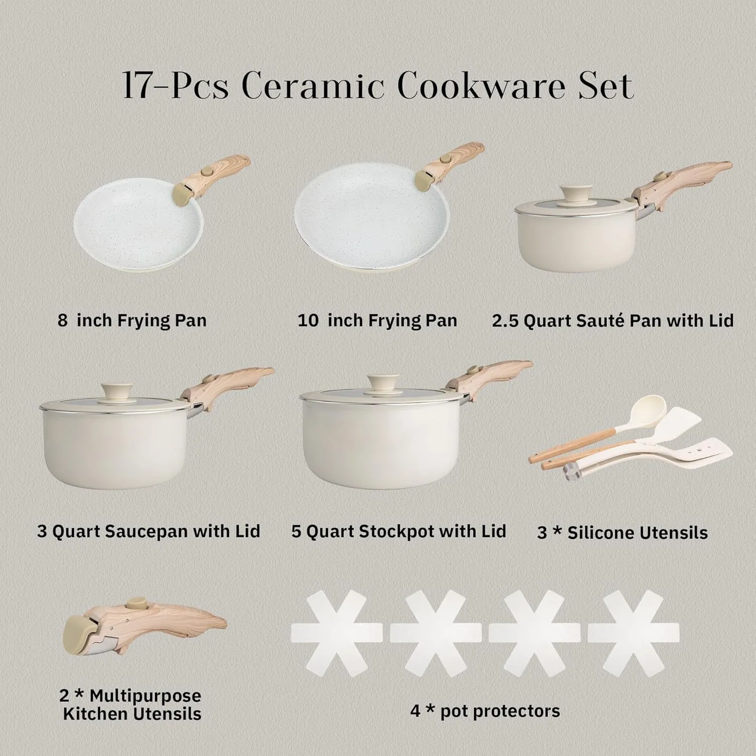 Pots and Pans Set, Non - Stick 17pcs Cookware Sets with Detachable Handles for Easy Storage and Versatile Use in Family Dinners & Daily Cooking