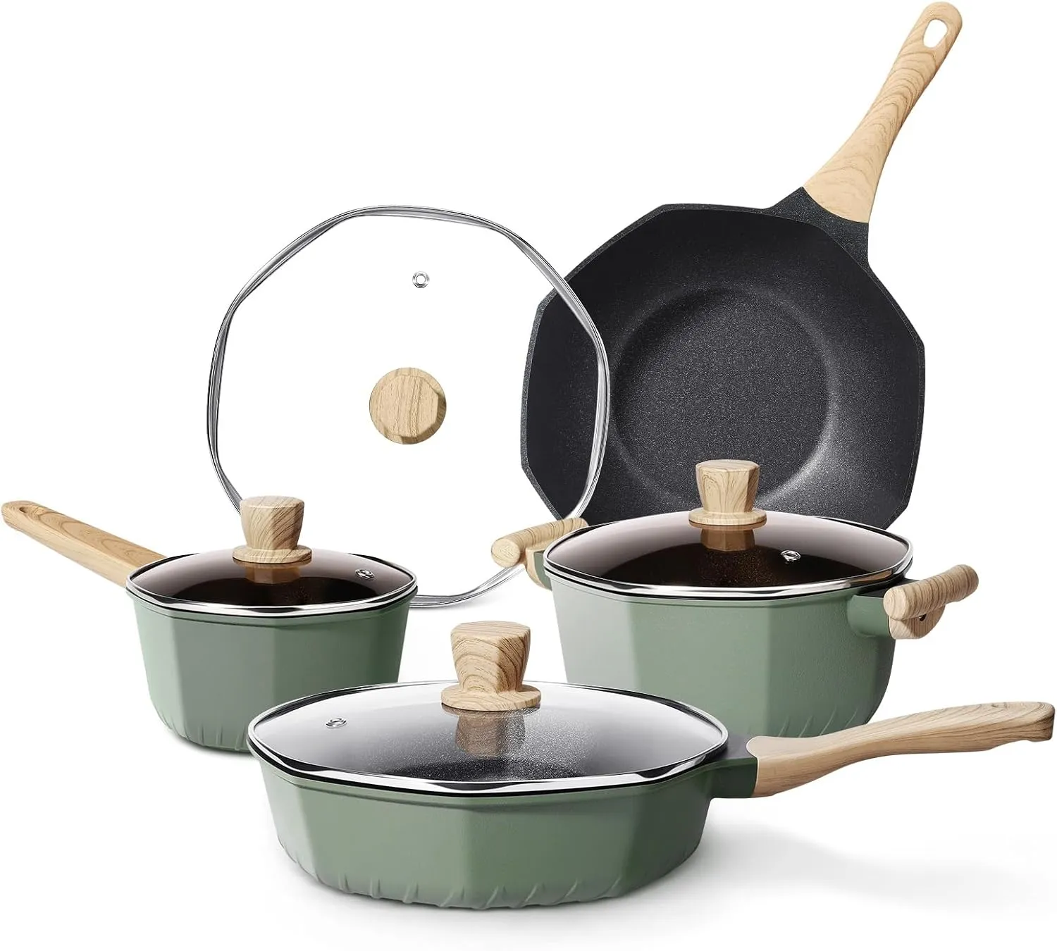 Pots and Pans Set Non Stick, 8 Pieces Induction Cookware, Octagon Nonstick Kitchen Cookware Sets with Frying Pans/Casserole/Saucepan(PFOS, PFOA Free)